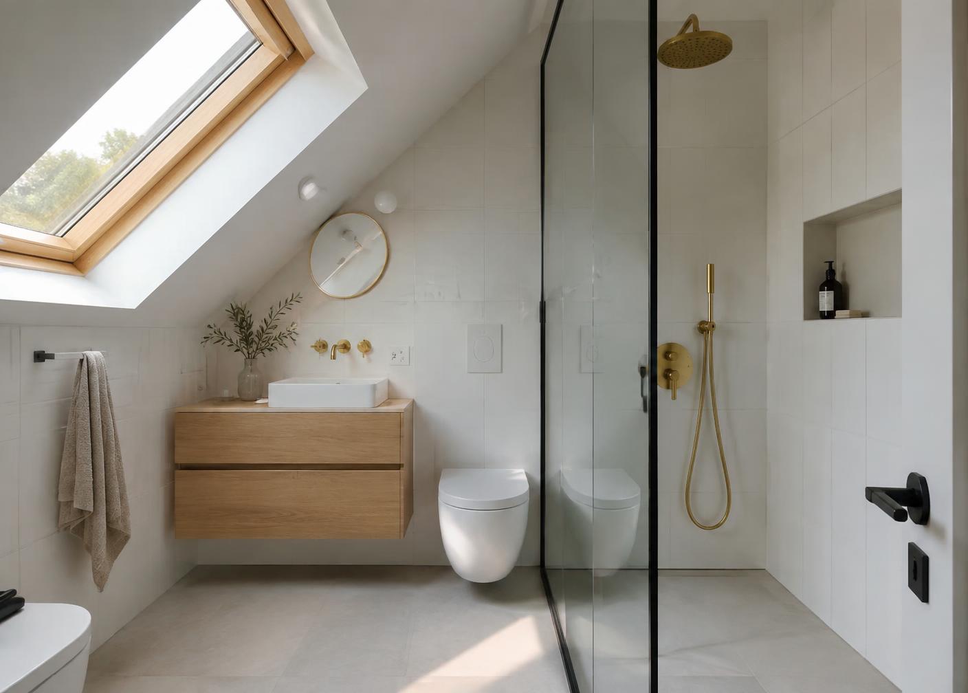 Attic en-suite bathroom with a roof window, walk-in shower and oak vanity
