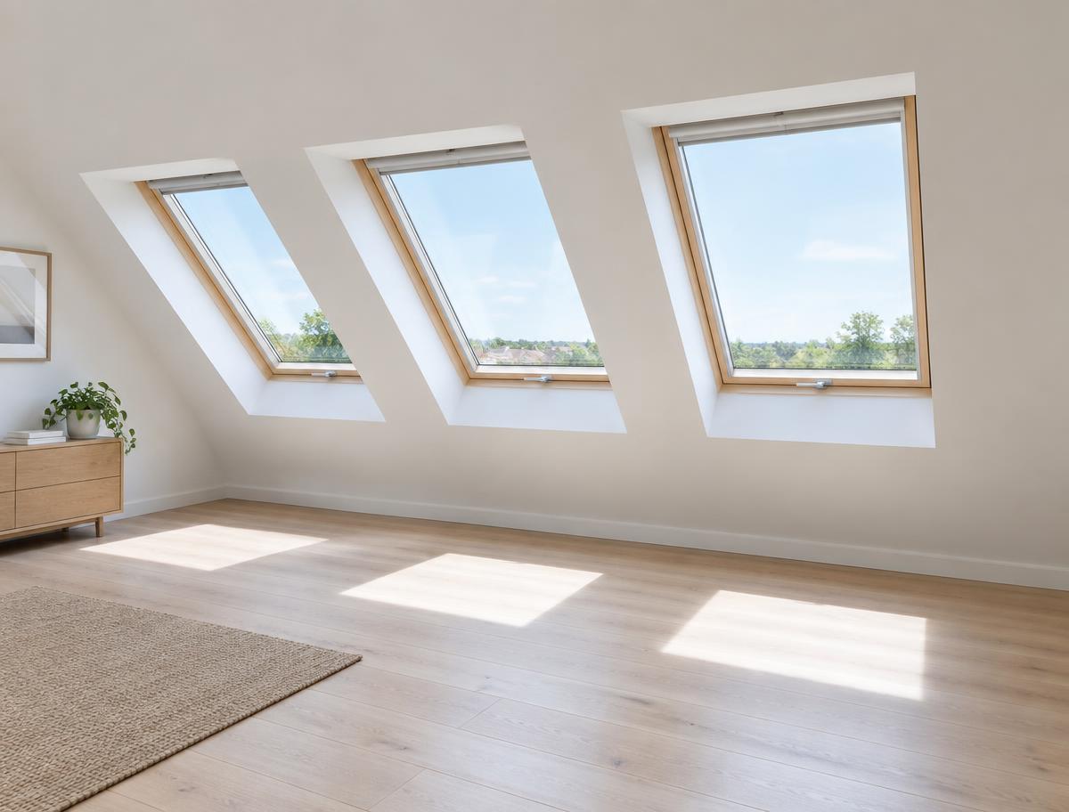Attic room with three Velux roof windows set into the roof slope